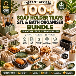 Puede incluir: Una colección de jaboneras y organizadores de baño. La imagen muestra una variedad de diseños, incluyendo soportes rectangulares, en forma de hoja y de rejilla. El texto en la imagen dice "100+ Soap Holder Trays STL & Bath Organiser Bundle".