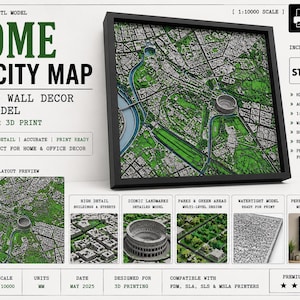 May include: A 3D city map of Rome in a black frame, featuring green parks and grey buildings. The text reads ROME 3D CITY MAP, 1:10000 SCALE, and READY FOR 3D PRINTING. The image includes technical details, file formats, and previews of the model.