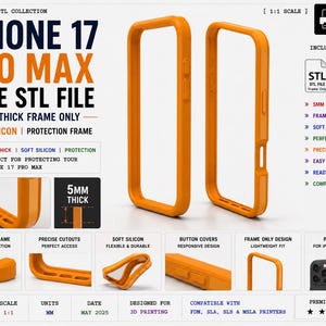 iPhone 17 Pro Max ramskal i STL-format | 5 mm tjockt skyddande stötfångare | Mjukt TPU/silikonformat | 3D-utskrivbart