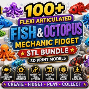 May include: A promotional image showcasing a bundle of 3D-printed, flexi-articulated fish and octopus models. The models are in various colors, including red, blue, orange, and purple. The image includes text that reads "100+ Flexi Articulated Fish & Octopus Mechanic Fidget STL Bundle".