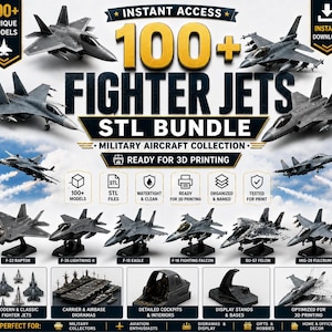 Può includere: Immagine promozionale per un pacchetto STL di stampa 3D con oltre 100 modelli di jet da combattimento. L'immagine include vari modelli di jet, il testo "100+ Fighter Jets STL Bundle" e icone che indicano funzionalità come file a tenuta stagna e pronti per la stampa.