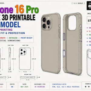 May include: A 3D printable STL model for an iPhone 16 Pro case. The graphic displays technical drawings with dimensions of 149.60 mm by 74.10 mm by 12.00 mm, alongside a 3D render of the case, file formats, and technical specifications for 3D printing.