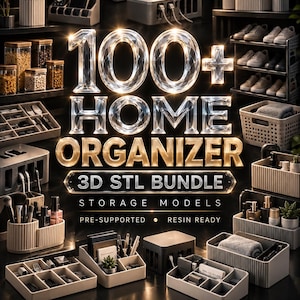 Puede incluir: Una colección digital de más de 100 modelos de almacenamiento 3D STL para el hogar, que incluye varios contenedores, organizadores de escritorio y unidades de baño en plástico beige y gris, con texto indicando pre-soportado y listo para resina.
