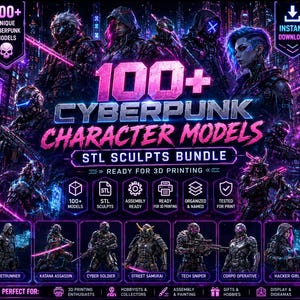 Puede incluir: Un paquete digital de más de 100 modelos de personajes cyberpunk para impresión 3D. El gráfico presenta iluminación de neón púrpura y azul, mostrando varias figuras futuristas como un netrunner, un asesino katana y un samurái callejero.