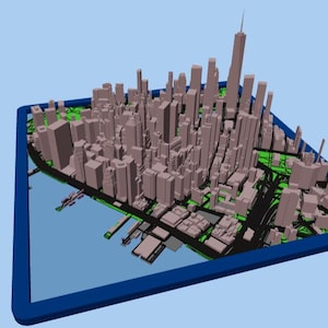 May include: 3D model of a city skyline, featuring numerous brown buildings, green park areas, and a blue water feature. The model is set within a blue rectangular frame, creating a miniature cityscape.