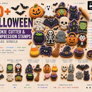 May include: A digital bundle of 60+ Halloween cookie cutter and clay impression stamp STL files. The image displays various spooky shapes including pumpkins, ghosts, witches, skulls, bats, and spiders, alongside technical specifications for 3D printing.