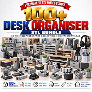 May include: A digital bundle of 100+ desk organizer STL models for 3D printing. The image displays various gray, black, and white plastic desk accessories, including pen holders, drawer units, headphone stands, and trays for office supplies.