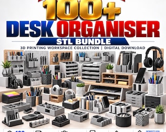 May include: A digital bundle of 100+ desk organizer STL models for 3D printing. The image displays various gray, black, and white plastic desk accessories, including pen holders, drawer units, headphone stands, and trays for office supplies.