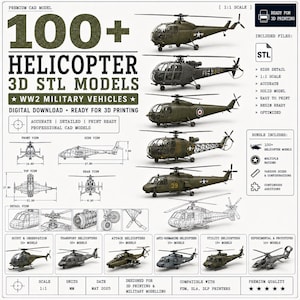 Pode incluir: Uma coleção digital de mais de 100 modelos 3D STL de helicópteros militares, apresentando vários designs de aeronaves, plantas técnicas com vistas frontal, lateral, superior e traseira, e diagramas de wireframe detalhados para impressão 3D.