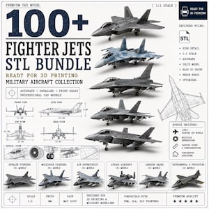 May include: A digital bundle of 100+ fighter jet CAD models for 3D printing, featuring various military aircraft designs, technical blueprints with dimensions in mm, and detailed renderings of stealth, multirole, and carrier-based jets.
