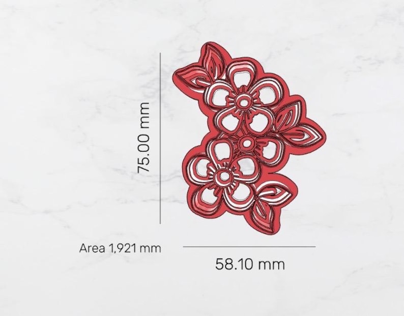 May include: Red and white floral design with leaves. The design measures 75.00 mm in height and 58.10 mm in width. The area is 1,921 mm. The design is likely for crafting or decoration.