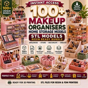 Puede incluir: Una colección digital de más de 100 modelos STL de organizadores de maquillaje para impresión 3D. La imagen muestra varias unidades de almacenamiento de plástico rosa, verde y transparente con cosméticos y etiquetas de texto.