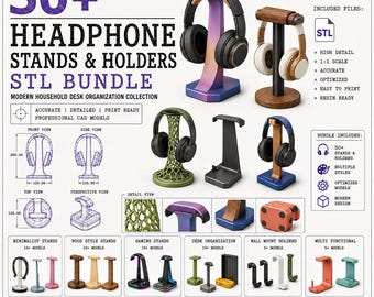 May include: A digital product bundle featuring 50+ headphone stands and holders in STL format for 3D printing. The image displays various stand designs, technical CAD drawings with 260mm, 120mm, and 105mm dimensions, and text labels detailing the collection.