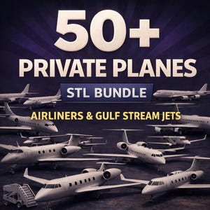 Op de afbeelding: Een afbeelding met meerdere privé-vliegtuigen, waaronder airliners en Gulf Stream-jets. De tekstoverlay luidt "50+ PRIVATE PLANES STL BUNDLE AIRLINERS & GULF STREAM JETS."