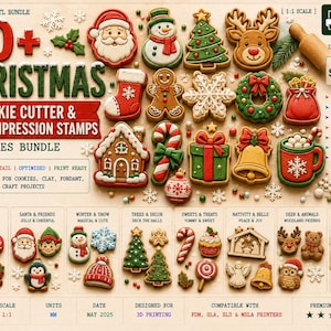 Könnte beinhalten: Eine digitale Sammlung von über 60 Ausstechformen und Tonstempel-Designs für Weihnachten zum 3D-Drucken. Das Bild zeigt verschiedene weihnachtliche Formen wie den Weihnachtsmann, Rentiere, Tannenbäume, Schneeflocken und Geschenke.