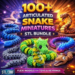 Paquete de más de 100 modelos STL de serpientes articuladas flexibles para juguetes antiestrés y llaveros, listos para impresión 3D.