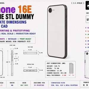 以下が含まれることがあります： 3Dプリント用のiPhone 16E電話STLダミーモデル。画像には、高さ146.71mm、幅71.60mm、厚さ11.60mmなどの技術仕様が表示されています。正面、側面、上面、底面の図が含まれています。