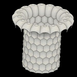 May include: A white, abstract, vase-like sculpture with a unique design. The body is cylindrical, composed of hexagonal shapes. The top flares out with a series of curved, petal-like elements. The overall form is symmetrical and stands out against a black background.