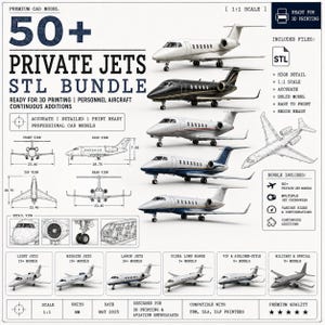 Puede incluir: Un paquete digital de más de 50 modelos CAD de jets privados para impresión 3D, que incluye varios diseños de aeronaves, diagramas técnicos con medidas en mm y vistas detalladas de componentes, todo en un diseño estructurado y profesional.