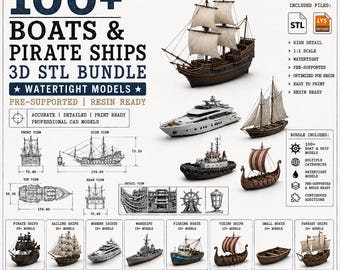 Pacchetto di oltre 100 barche e navi pirata in formato 3D STL / Modelli a tenuta stagna / Pre-supportati / Pronti per la resina