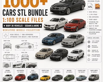 Paquete de más de 1000 archivos STL de coches / Archivos 1:100 / Colección de modelos en miniatura de sedanes y carrocerías 3D