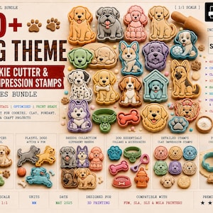 Puede incluir: Un paquete digital de más de 60 diseños de cortadores de galletas y sellos de arcilla con temática canina. La imagen muestra varias formas de perros impresas en 3D, huellas, collares y huesos en múltiples colores, junto a texto sobre archivos STL.