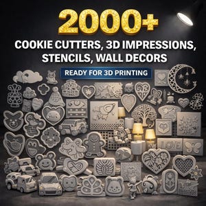 May include: A collection of 3D-printed cookie cutters, stencils, and wall decor in various shapes, including hearts, animals, and vehicles. The image includes the text "2000+ COOKIE CUTTERS, 3D IMPRESSIONS, STENCILS, WALL DECORS READY FOR 3D PRINTING."