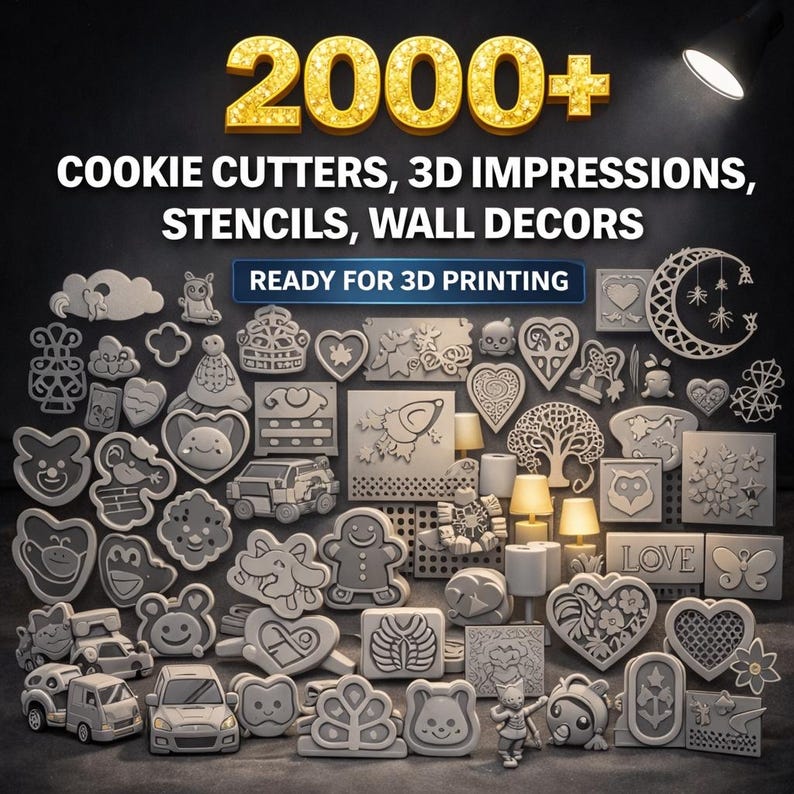 May include: A collection of 3D-printed cookie cutters, stencils, and wall decor in various shapes, including hearts, animals, and vehicles. The image includes the text "2000+ COOKIE CUTTERS, 3D IMPRESSIONS, STENCILS, WALL DECORS READY FOR 3D PRINTING."