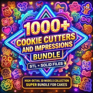 Może przedstawiać: Żywy obraz przedstawiający zestaw wykrawaczy do ciastek i odbitek. Centralny tekst brzmi "1000+ Cookie Cutters and Impressions Bundle" w kolorze złotym i białym, otoczony neonową niebiesko-różową poświatą. Obraz zawiera różne wzory wykrawaczy i tekst "STL + SOLID FILES".