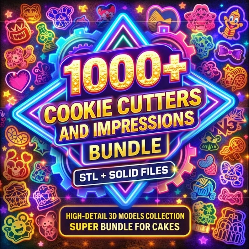 May include: A vibrant image showcasing a bundle of cookie cutters and impressions. The central text reads "1000+ Cookie Cutters and Impressions Bundle" in gold and white, surrounded by a neon blue and pink glow. The image includes various cookie cutter designs and the text "STL + SOLID FILES".