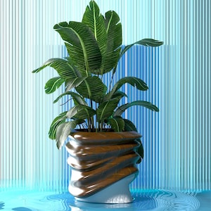 Puede incluir: Una planta verde de hojas en una maceta de cerámica marrón y blanca. La maceta tiene un diseño ondulado y orgánico. La planta está sentada frente a un fondo de rayas azules.