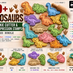 Puede incluir: Un paquete digital de más de 60 cortadores de galletas y sellos de arcilla con forma de dinosaurio en varios colores, incluyendo naranja, verde, azul, morado y rosa. La imagen muestra múltiples siluetas de dinosaurios, texto e iconos para impresión 3D.