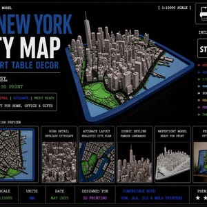 3D New York City Map STL Model, Wall Art Table Decor