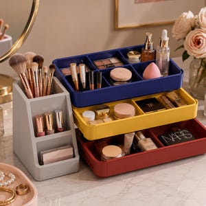 May include: A multi-tiered makeup organizer set featuring a tall gray brush holder and three stackable trays in navy blue, yellow, and red. Each tray is divided into compartments containing various cosmetics, including lipsticks, compacts, and bottles.