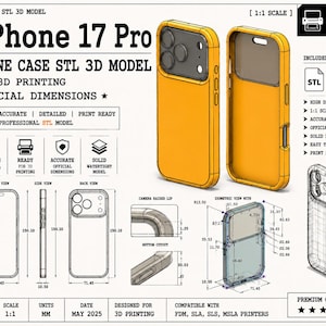 May include: An orange iPhone 17 Pro phone case STL 3D model for 3D printing. The image includes front, side, and back views, along with isometric and detailed diagrams. The dimensions are in millimeters, and the model is designed for FDM, SLA, SLS, and MSLA printers.