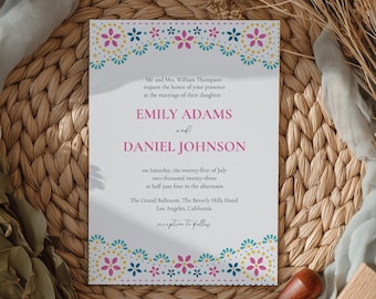 Mexican Wedding Invitation: Rustic Papel Picado, Editable Canva Template