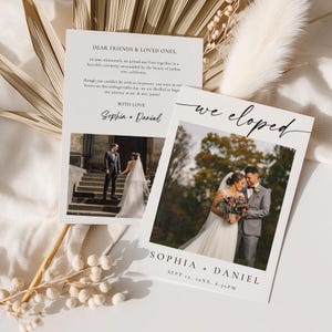 May include: Wedding announcement cards with photos of the couple. One card reads "Dear Friends & Loved Ones" with text. The other card says "we eloped" with the couple's names and wedding date.