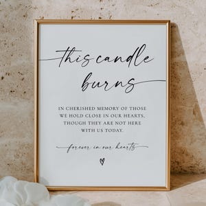 Könnte beinhalten: Ein gerahmtes Schild mit dem Text "This candle burns" in eleganter Schrift. Darunter steht der Text "In cherished memory..." und "forever in our hearts" mit einem Herzsymbol. Der Rahmen ist goldfarben.