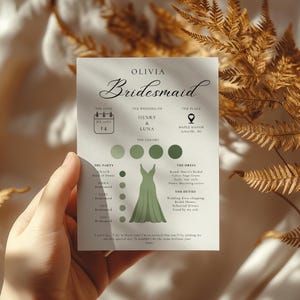 May include: A bridesmaid card featuring a green dress illustration, a calendar with the date 14th July, and details about the wedding party, dress, and duties. The text reads "Olivia Bridesmaid, The Wedding of Henry & Luna, The Date Jul 14, The Place Maple Manor Asheville, NC, The Colors, The Party, The Dress, The Duties".
