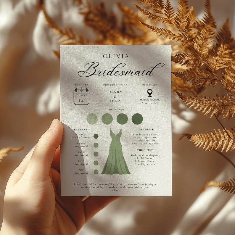 May include: A bridesmaid card featuring a green dress illustration, a calendar with the date 14th July, and details about the wedding party, dress, and duties. The text reads "Olivia Bridesmaid, The Wedding of Henry & Luna, The Date Jul 14, The Place Maple Manor Asheville, NC, The Colors, The Party, The Dress, The Duties".