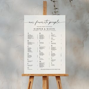 Plano de asientos alfabético, plano de asientos para bodas modernas, plano de asientos minimalista, póster de &quot;Nuestras personas favoritas&quot;, plantilla editable de Canva