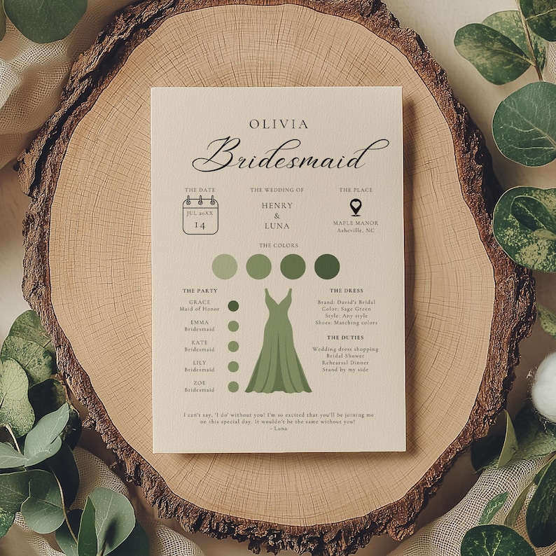 May include: A bridesmaid card with a sage green colour scheme. The card includes the date, wedding of Henry & Luna, the place, the party, the dress, and the duties. The card also includes a green dress icon and a calendar icon.