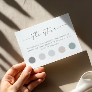 Carte de tenue de mariage, plaquette de demande de code vestimentaire d'invité, carte d'informations, modèle de toile modifiable, guide de la palette de couleurs de mariage, minimalisme moderne