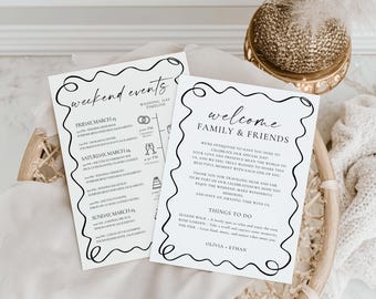 Hand Drawn Wedding Welcome Bag Note and Timeline Template: Wedding Weekend Order of Events (Printable, Instant Download)