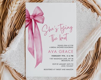 Brautparty-Einladung mit rosa Schleife: Bearbeitbares Coquette-Thema (Canva-Vorlage)