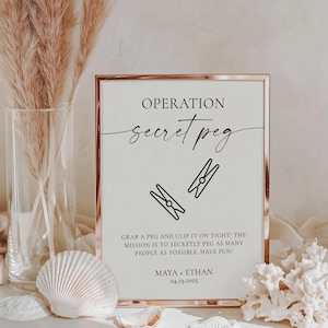 May include: A framed sign with the text "OPERATION secret peg" and two clothespin illustrations. The sign includes the text "GRAB A PEG AND CLIP IT ON TIGHT! THE MISSION IS TO SECRETLY PEG AS MANY PEOPLE AS POSSIBLE. HAVE FUN!" and the names "MAYA + ETHAN" with the date "04.19.2025".