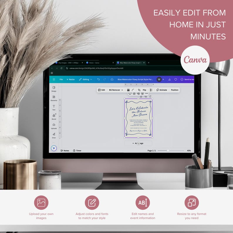 May include: A computer screen displaying a Canva design template for a wedding invitation. The template features a blue watercolour floral script style with the text "Let's Celebrate the Future Mr. & Mrs." The screen shows a toolbar with options to edit, animate, and position the design elements. The image also includes four icons representing the features of the Canva design tool: upload your own images, adjust colours and fonts, edit names and event information, and resize to any format.
