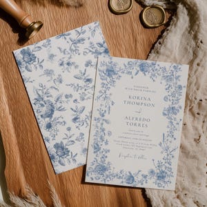 Toile de Jouy Wedding Invitation, French Dusty Blue Chinoiserie Invite, Vintage Botanical Wedding, Editable Template, Instant Download