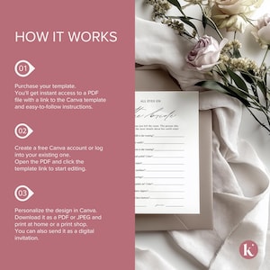 May include: A printable bridal shower game with the text "All Eyes on the Bride". The game asks guests to guess details about the bride's outfit. The game is printed on white paper with a pink background.