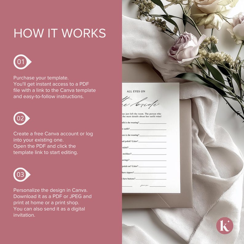 May include: A printable bridal shower game with the text "All Eyes on the Bride". The game asks guests to guess details about the bride's outfit. The game is printed on white paper with a pink background.